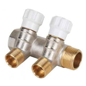Коллектор латунный MVI 3/4″x1/2″ 2 вых с регулирующими вентилями
