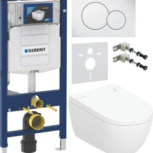 Комплект 5 в 1 Умный унитаз Geberit AquaClean Alba + Инсталляция Duofix UP 320 111.950.00.6 (111.300.00.5) + Кнопка Sigma 01 115.770.11.5 цвет глянцевый белый + Звукоизоляция 156.050.00.1 + Крепления 111.815.00.1, к стене