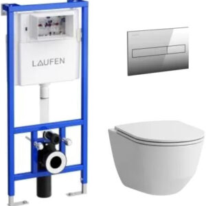 Комплект 4 в 1 Laufen 8.6996.6.000.000.R унитаз безободковый, с микролифтом + система инсталляции с кнопкой смыва