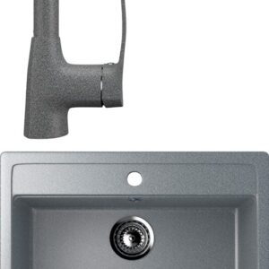 Комплект Мойка Ulgran U-104 -309 56x50, темно-серая, искусственный мрамор + Смеситель U-005 -309 темно-серый, латунный