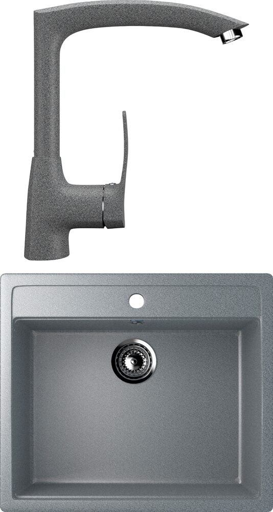 Комплект Мойка Ulgran U-104 -309 56x50, темно-серая, искусственный мрамор + Смеситель U-005 -309 темно-серый, латунный
