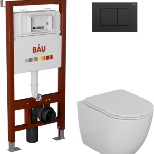 Комплект Унитаз подвесной Bauedge Bau Dream безободковый, с микролифтом + Инсталляция Bau Pro + Кнопка Stil, черная матовая