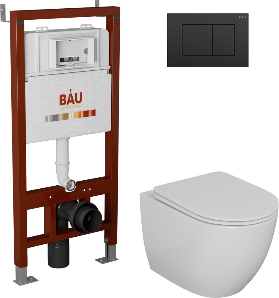 Комплект Унитаз подвесной Bauedge Bau Dream безободковый, с микролифтом + Инсталляция Bau Pro + Кнопка Stil, черная матовая