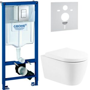 Комплект 4 в 1 Унитаз подвесной BelBagno Марино (Marino) BB105CHR, безободковый + Сиденье BB105SC, с микролифтом, петли хром + Инсталляция с кнопкой Grohe Rapid SL 38772001 цвет хром + Звукоизоляция 37131000