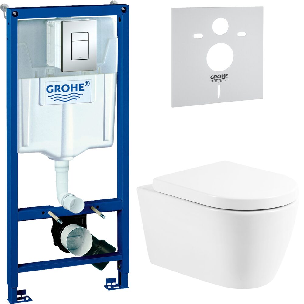 Комплект 4 в 1 Унитаз подвесной BelBagno Марино (Marino) BB105CHR, безободковый + Сиденье BB105SC, с микролифтом, петли хром + Инсталляция с кнопкой Grohe Rapid SL 38772001 цвет хром + Звукоизоляция 37131000