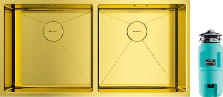 Комплект Мойка Omoikiri Taki 86-2 86x44, светлое золото, нержавеющая сталь + Измельчитель Nagare slim 1250-AZ электрический, нержавеющая сталь