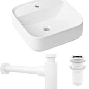 Комплект 3 в 1 Накладная раковина Lavinia Boho Bathroom Sink Slim 33311007 42 глянцевая белая + Донный клапан Wellsee Drainage System 182143000 матовый белый + Сифон 182123000 бутылочный, матовый белый